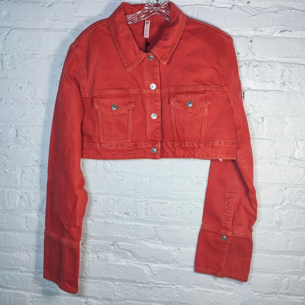 Zara Cropped Red Jean Jacket US size 12-16 - Picture 3 of 15